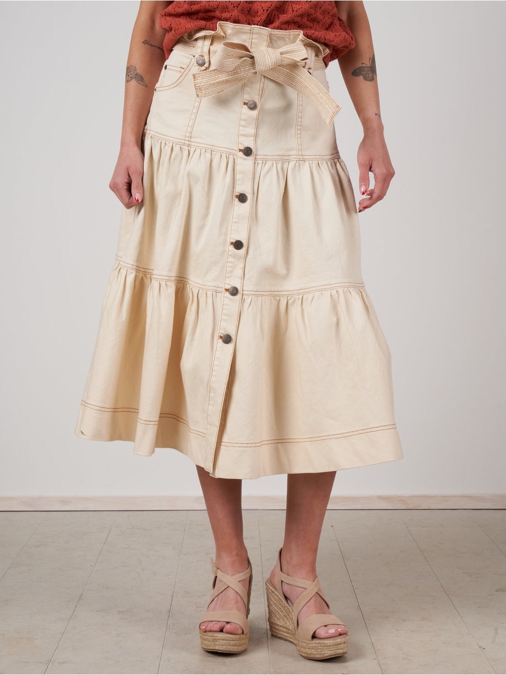 Ulla Johnson Reine Cream Boho Tiered Cotton Denim Button-Front Midi Skirt SZ 2